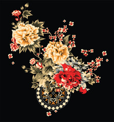 hand drawn watercolor japanese flower bunch isolated on black background. japanese flower bouquet. realistic flower clip art. design for fabric, textile, wallpaper, wrapping paper. 