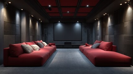 Home theater with red sofas and a large screen for watching movies.