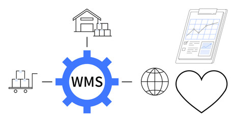 Gear marked WMS connects warehouse, trolley, clipboard with stats, globe, and heart. Ideal for logistics, inventory, analytics global trade workflow efficiency customer satisfaction. Simple flat