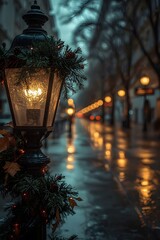 Illuminated Street Lamp with Christmas Decor on a Wet Night