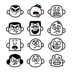 set of funny faces. Cartoon Face Expression Icon Set Black and White Vector