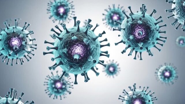 青い色調で表現された多数のウイルス粒子