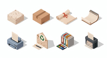 Illustrative Isometric Icons Representing Essential Office Documents, Paper Processing Equipment, and Sustainable Recycling Practices for Modern Workflows.