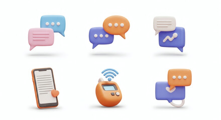 Vibrant 3D Communication Icons Set for Digital Messaging and Online Interaction. Modern Symbols Representing Social Media, Business Chat, and Wireless Connectivity Concepts.