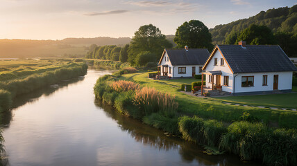 Obraz premium Peaceful Riverside Countryside Homes At Sunset