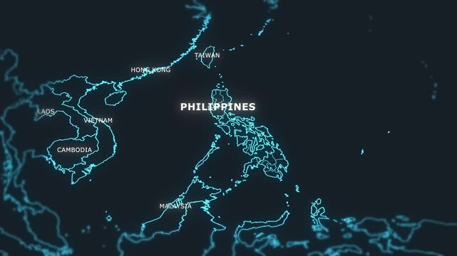 3D world digital glowing map animation of the Philippines.
