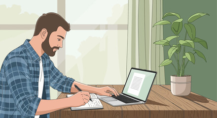 Man Writing In A Notebook And Working On A Laptop Near A Green Plant