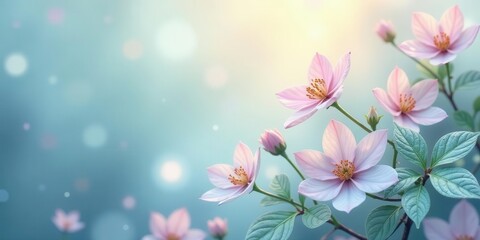 Delicate pastel blossoms unfurling their petals in a gentle dance of light and soft focus against a dreamy azure background, symbolizing new beginnings.