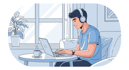 Modern Remote Working Concept: Young Man Enjoying Coffee While Using Laptop at Home