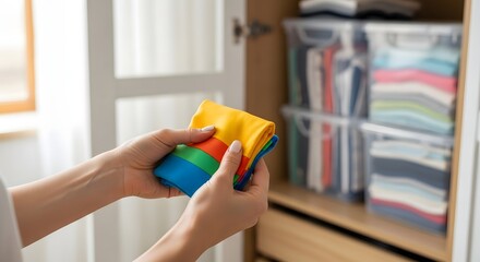 Organizing colorful fabrics in closet for efficient home storage solutions