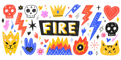 Vibrant hand drawn collection of fire symbols skulls lightning bolts crowns and cats