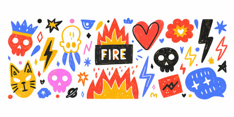 Vibrant hand drawn doodle elements featuring skulls fire hearts lightning bolts and cute animals