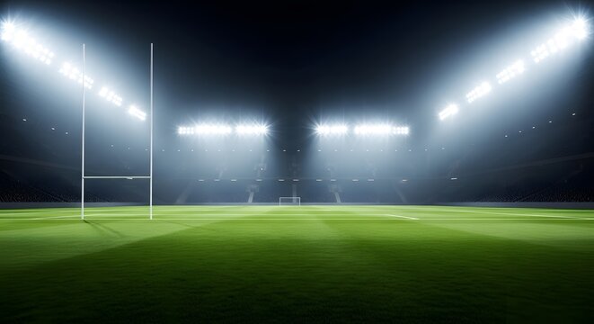 Illuminated rugby stadium at night under spotlights for sports events and competitions