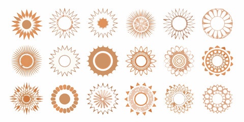 Collection of abstract sunburst and mandala style graphic elements in warm earthy tones