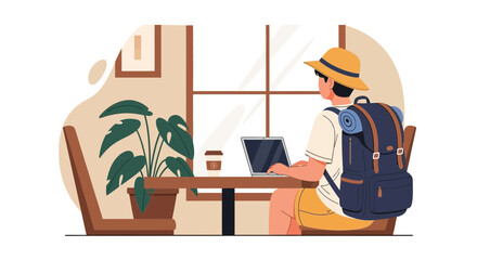 Nomad Working Remotely With Laptop in Cozy Cafe Dreaming of Adventurous Travel