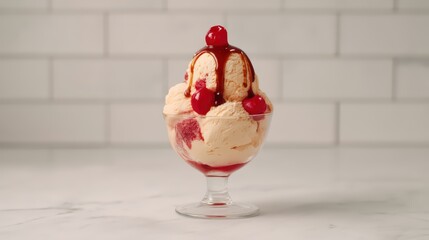 A delightful sundae featuring scoops of ice cream topped with cherry syrup and cherries, served in a glass dish.
