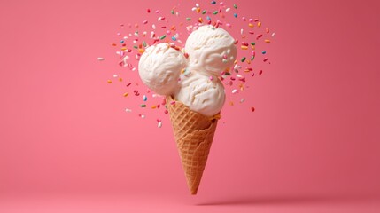 A delicious ice cream cone with three scoops and colorful sprinkles, set against a pink background, evoking a fun and joyful treat.