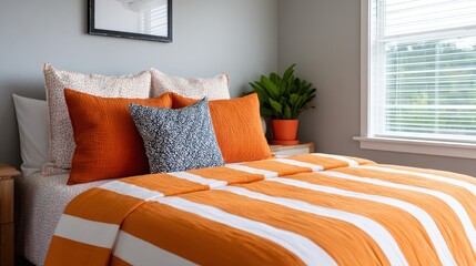 A cozy bedroom featuring an orange striped bedspread, vibrant pillows, and a green plant by the window, creating a warm and inviting atmosphere.