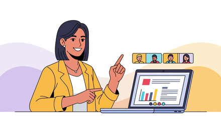 Online Business Meeting Presentation Shown On A Laptop Screen Illustrative Drawing