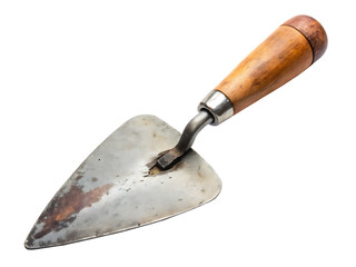 A Worn Wooden-Handled Metal Trowel Isolated on a White Background ,PNG. AI Generated.