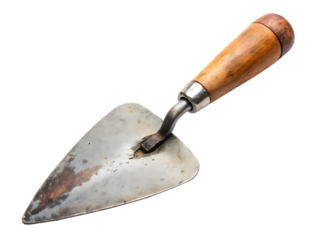 A Worn Wooden-Handled Metal Trowel Isolated on a White Background ,PNG. AI Generated.