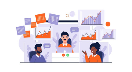 Online business meeting showing people analyzing charts and work collaboration together