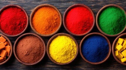 A vibrant arrangement of colorful spices in bowls, showcasing a rich palette of reds, yellows, greens, and browns, ideal for culinary use or artistic inspiration.