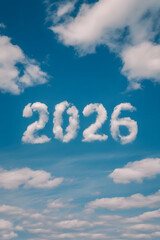 2026 year written on a blue sky of clouds. Concept of Happy New year. AI Generative.