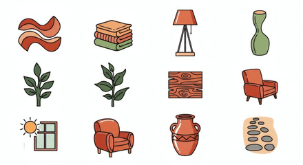 Flat design icon set featuring cozy home decor elements, natural accents, and comforting interior items. Perfect for illustrating serene living spaces, relaxation, and domestic harmony concepts.