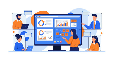 Online Business Meeting with Data Analysis and Team Collaboration Illustration
