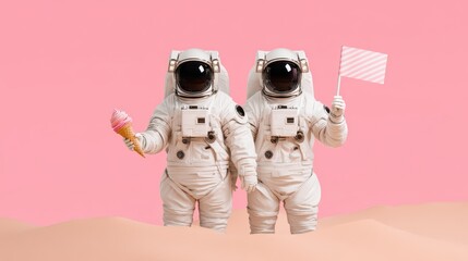 Two astronauts in a pink desert hold an ice cream cone and a flag, creating a whimsical and surreal scene.