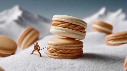 A whimsical scene featuring miniature figures exploring giant macarons set against a snowy mountain backdrop, highlighting a playful contrast of scale.
