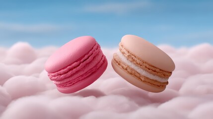 Two colorful macarons float above fluffy clouds, set against a serene blue sky, creating a whimsical and dreamy confectionery scene.