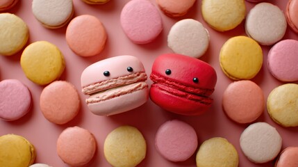Colorful macarons arranged playfully, featuring pink and red characters with expressive eyes at the center, surrounded by various pastel-colored treats.