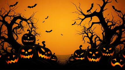 Halloween's orange gradient shows silhouetted trees, bats, and jack-o'-lanterns. Perfect for spooky posters, themed events, party decorations, or digital design.