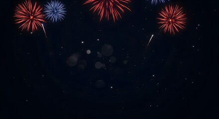 Brilliant red and blue fireworks bursting high in the dark night sky, surrounded by glowing stars and festive bokeh lights, creating a stunning holiday celebration background