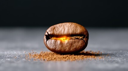 A close-up of a coffee bean split open, revealing warm, glowing light inside, surrounded by ground coffee on a dark surface.