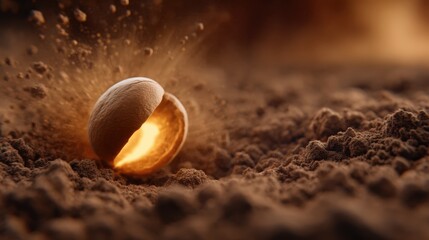 A glowing egg partially emerging from the ground, surrounded by swirling dust, creating a mystical and dynamic atmosphere.