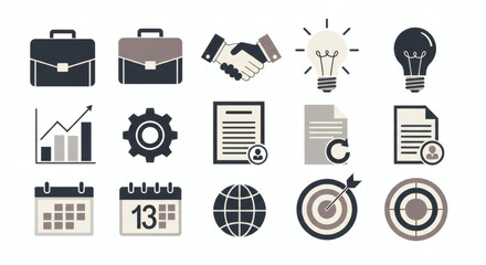 Comprehensive vector icon set for business, corporate strategy, planning, and success concepts, ideal for professional digital design.