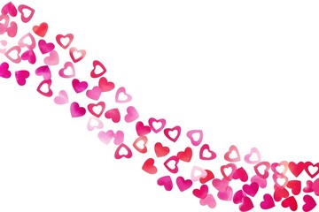A flowing wave of small shimmering heart shaped confetti in shades of pink and red against a clean white background