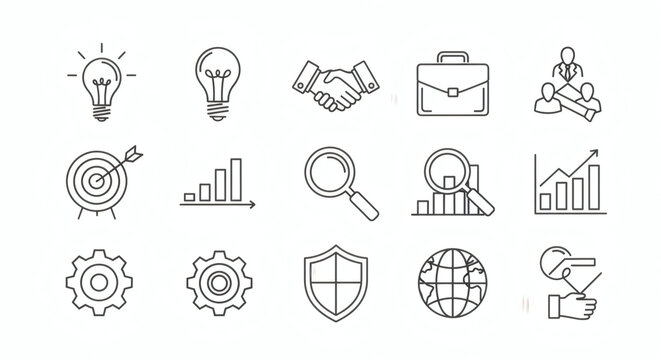 Dynamic Collection of Business Management and Financial Growth Line Icons for Strategic Planning, Innovation, and Digital Success