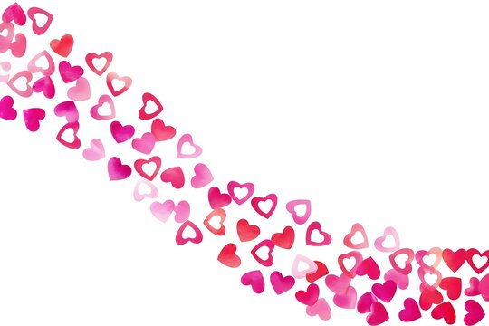 A flowing wave of small shimmering heart shaped confetti in shades of pink and red against a clean white background