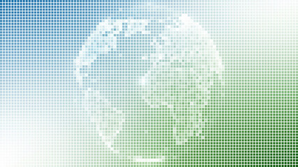 Digital globe shines with pixelated light on gradient blue and green backdrop, representing global connectivity and technological advancement.