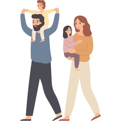 Joyful Family Strolling Together Father Carries Son on Shoulders Mother Holds Daughter in Arms Warm Casual Outfits Transparent Background