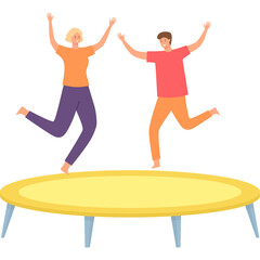 Joyful Man and Woman Jumping on Yellow Trampoline Celebrating Together with Arms Raised High in a White Background With No Distractions
