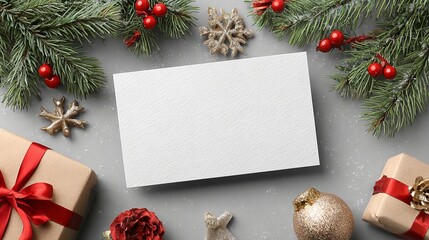 Blank white greeting card mockup on festive Christmas background with pine branches ornaments and bokeh lights template with copy space for branding invitation design and social media