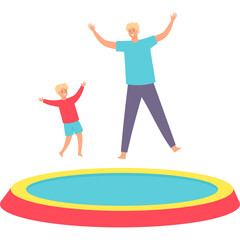 Joyful Father and Son Bouncing High on a Trampoline on a Sunny Day Engaging in Outdoor Recreational Activity Together