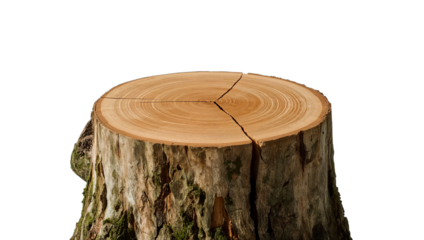 Transparent Png of a Detailed Tree Stump, Showcasing Concentric Growth Rings and a Naturally Weathered, Mossy Bark Texture, Perfect for Design Elements