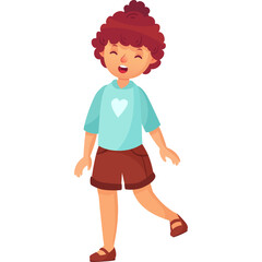 Joyful Young Child With Curly Red Hair Wearing Blue T-shirt and Brown Shorts with White Heart Graphic