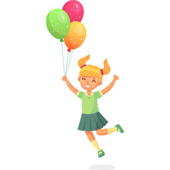 Joyful young girl with blonde pigtails in a green shirt and skirt holding red yellow and green balloons with a white background and a transparent background element